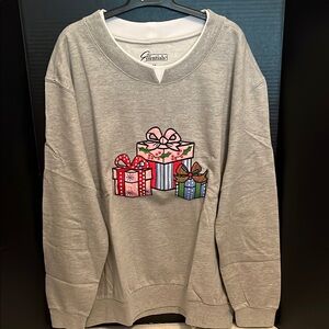 Gray Crewneck Sweater with Festive Gift Box Design